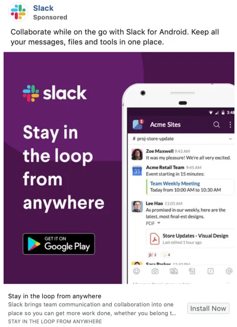 Slack Facebook Conversion Ad Example